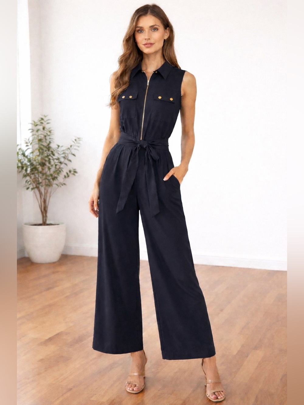 Michael Kors Jumpsuit black sleeveless belted wide leg gold buttons and zipper